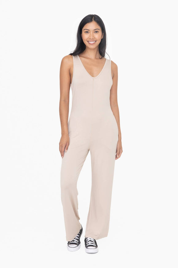 Wide Leg French Terry Lounge Jumpsuit: NATURAL
