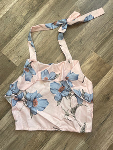 Mylee Halter Ruffle Crop Top - Pink & Powder Blue Floral