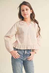 TWEEN KIDS GIRLS RAGLAN BLOUSE W/LACE TRIM (7-14)