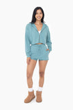 Crop Hoodie Zip-Up French Terry Jacket: GREY TEAL