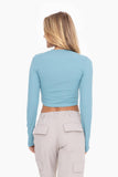 Essential Micro-Ribbed Long-Sleeved Cropped Athleisure Top: GREY TEAL