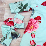 Infant Girls Teal Rose Baby Gown and Bow Headband