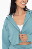 Crop Hoodie Zip-Up French Terry Jacket: GREY TEAL