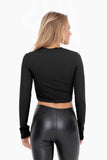 Essential Micro-Ribbed Long-Sleeved Cropped Athleisure Top: Black