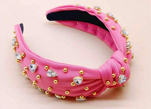 Pink Jeweled Hearts with Gold Beads Headband