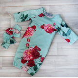 Infant Girls Teal Rose Baby Gown and Bow Headband