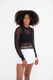 Mesh Cropped Long-Sleeve Top: BLACK