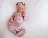 Newborn Knotted Baby Gown, Bow, Hat Set - Baby Clothes Girl