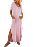 V-neck short sleeve silt maxi t-shirt dress