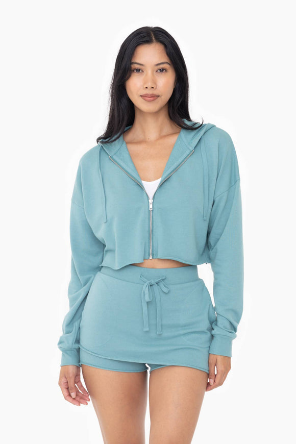 Crop Hoodie Zip-Up French Terry Jacket: GREY TEAL