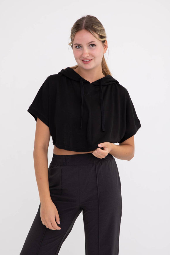 Cropped Short Sleeve Hoodie Pullover: BLACK