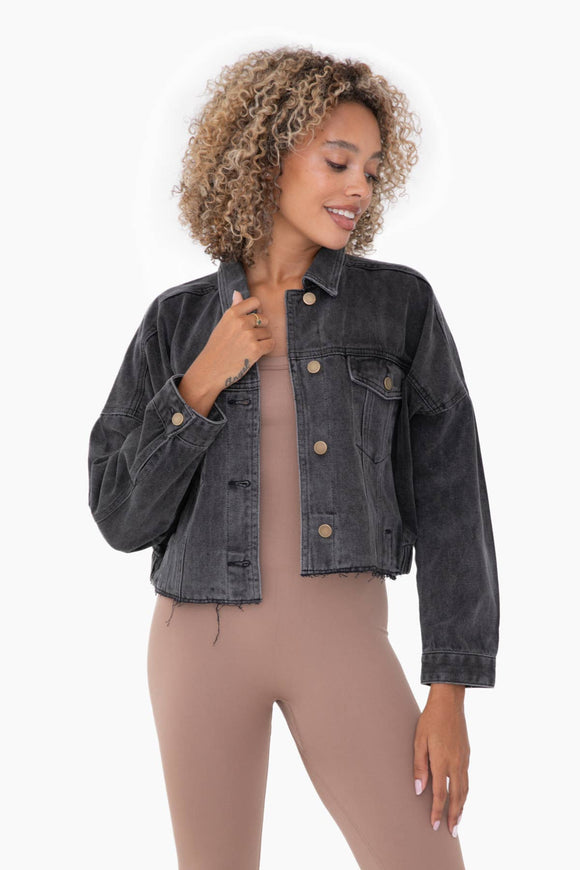 Raw & Ribbed Crop Denim Jacket: CHARCOAL GREY