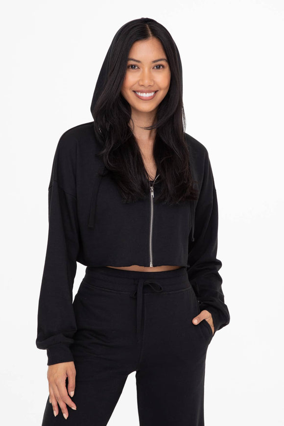 Crop Hoodie Zip-Up French Terry Jacket: BLACK