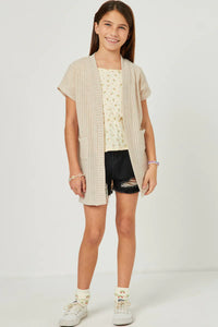 Short Sleeve Pocketed Pointelle Knit Open Cardigan