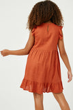 Linen Look Ruffled Sleeve Keyhole Dress