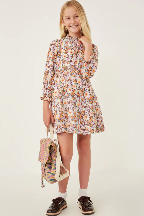 Floral Cinch Cuff Smock Neck Dress