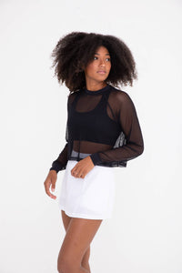 Mesh Cropped Long-Sleeve Top: BLACK