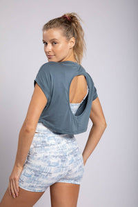 TENCEL Cut-Out Back Cropped Top: BLUE